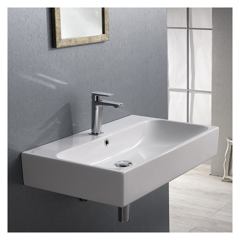 Lavabo de salle de bain mural rectangulaire en céramique avec trop-plein Pinto, Monotrou