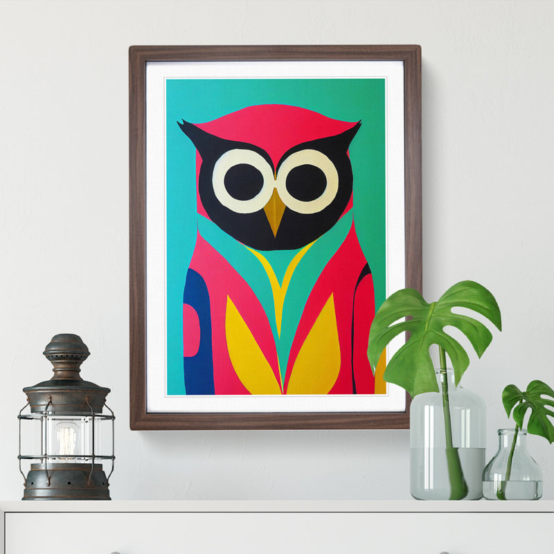 Colourful Abstract Owl No.2 - Single Picture Frame Print, 34cm H x 25cm W x 2cm D, Walnut