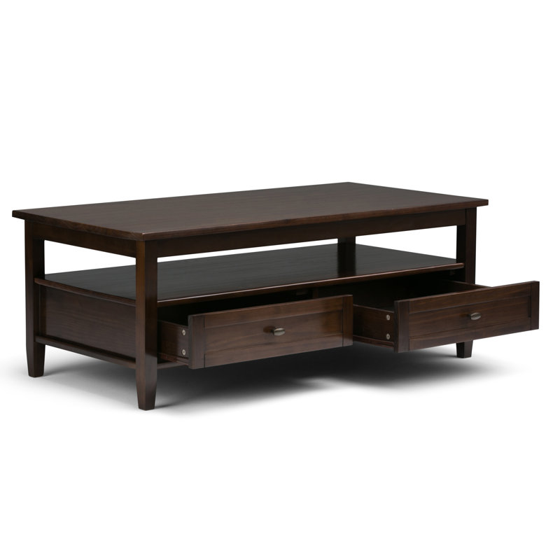 Warm Shaker 48"W Solid Wood Coffee Table with Two Storage Drawers and Open Shelf, Tobacco Brown