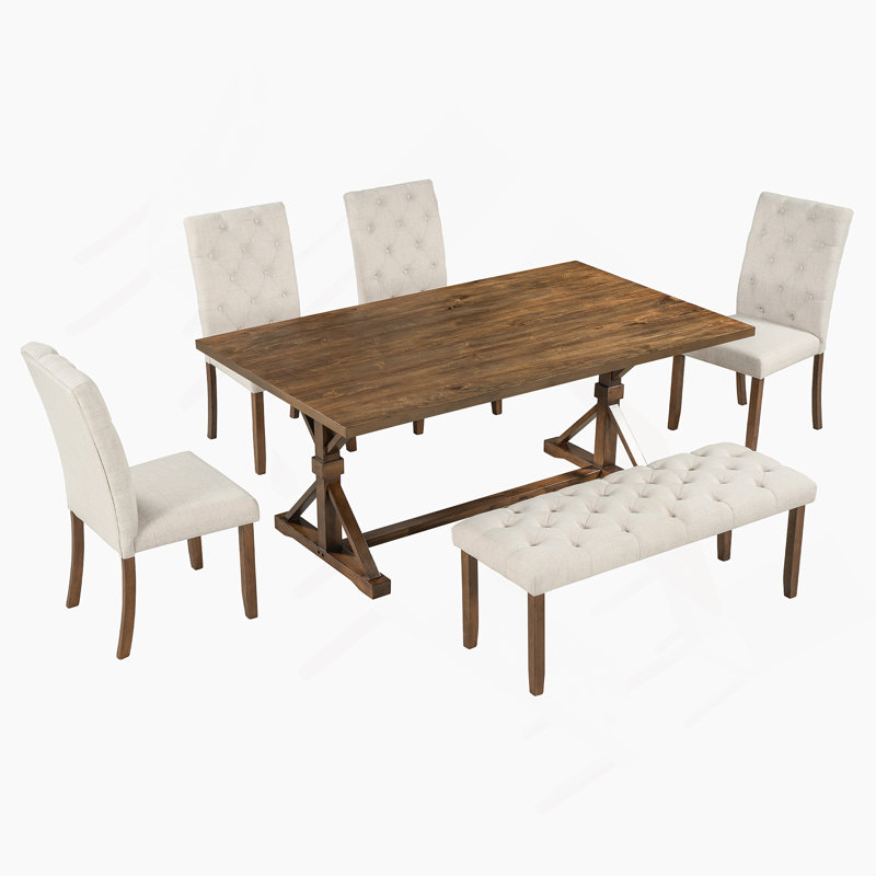 6-Piece Farmhouse Dining Table Set with 72" Wood Rectangular Table and Bench