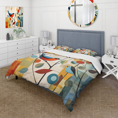 Modern Bedding Set of 4 - Green Mid Century Mod Nature III With Shams And Throw Pillows