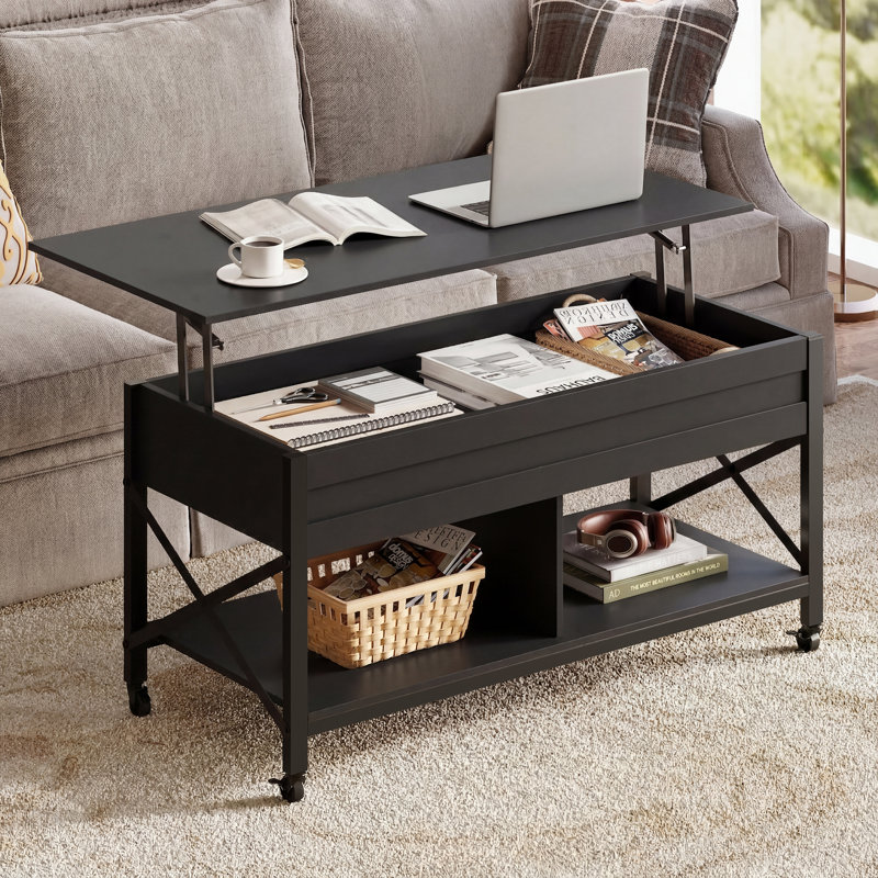Sparta Large Lift Top Extendable Coffee Table With Storage and Changeable Casters, Square Coffee Table for Living Room, Black