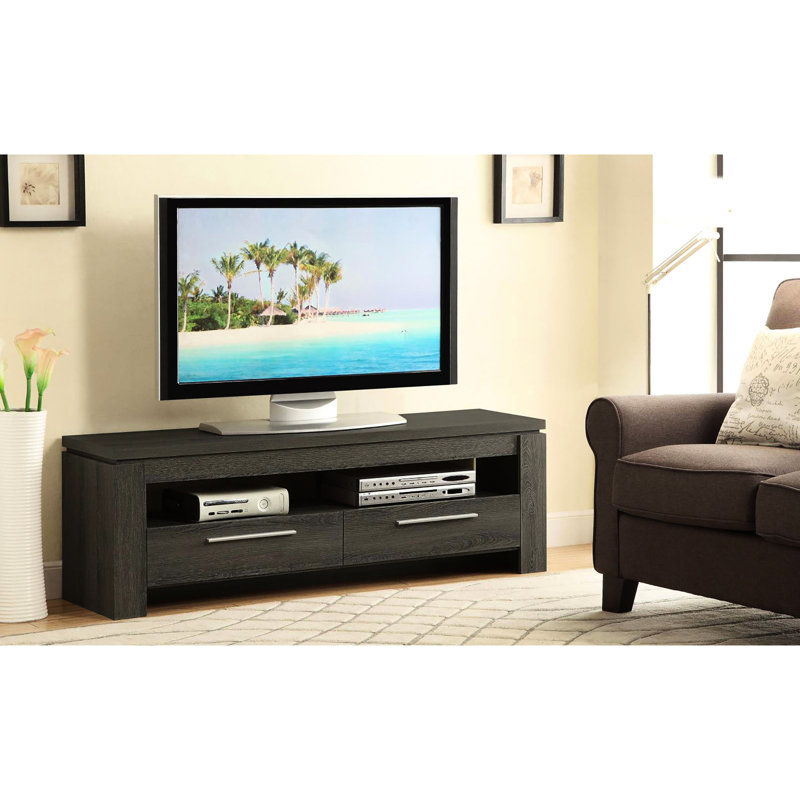 Meuble télé gris vieilli de 150 cm (59 pouces) avec design spacieux à 2 compartiments - Convient aux téléviseurs de 163 cm (64 pouces), meuble télé de style transitionnel de 150 cm (59 pouces) avec configuration pratique pouvant accueillir un téléviseur de 152 cm (60 pouces).