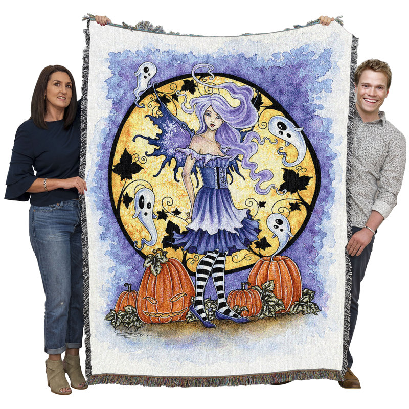 Couverture Pure Country Weavers Citrouille Hantée par Amy Brown - Tapisserie d'automne Halloween avec fantômes et fées - Tissée en coton - Fabriquée aux États-Unis (72 x 54)