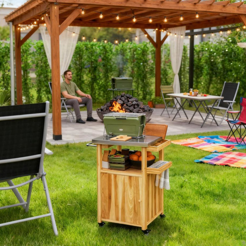 Robuste, support de gril, table chauffante, armoire de rangement, pivotant, chariot d'extérieur, plateau de table, structure en bois, caractéristiques de mobilité