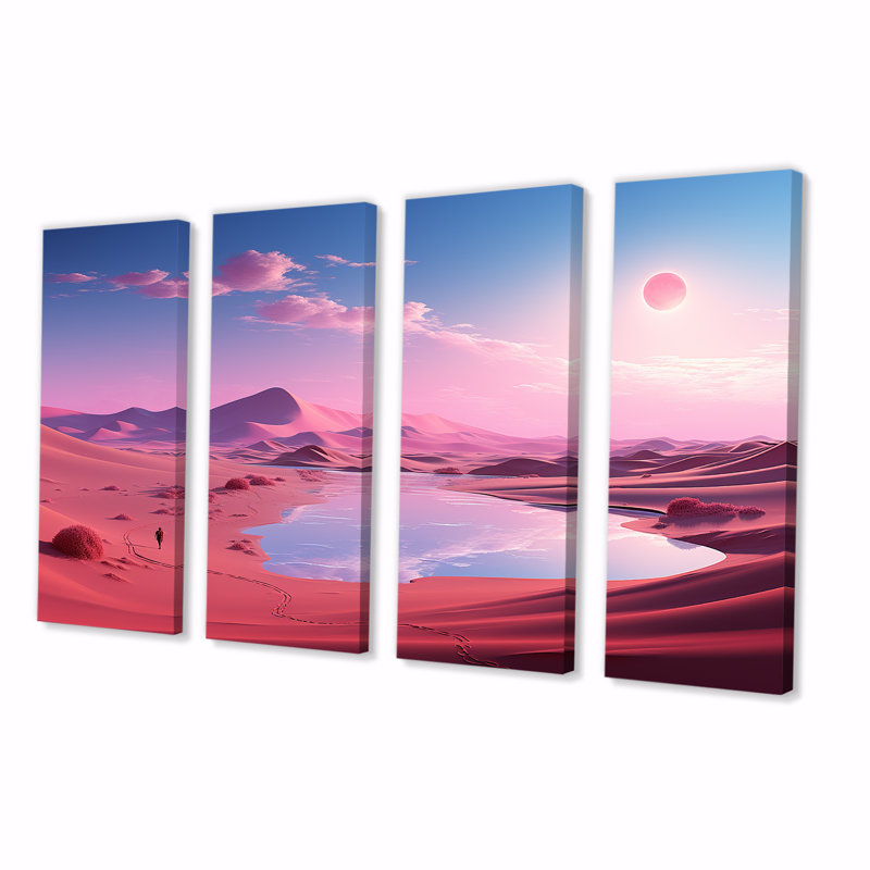 «Space Dreamscape Roseat Sky II - Desert», art mural 4 pièces pour le salon, H 32 po x l 64 po
