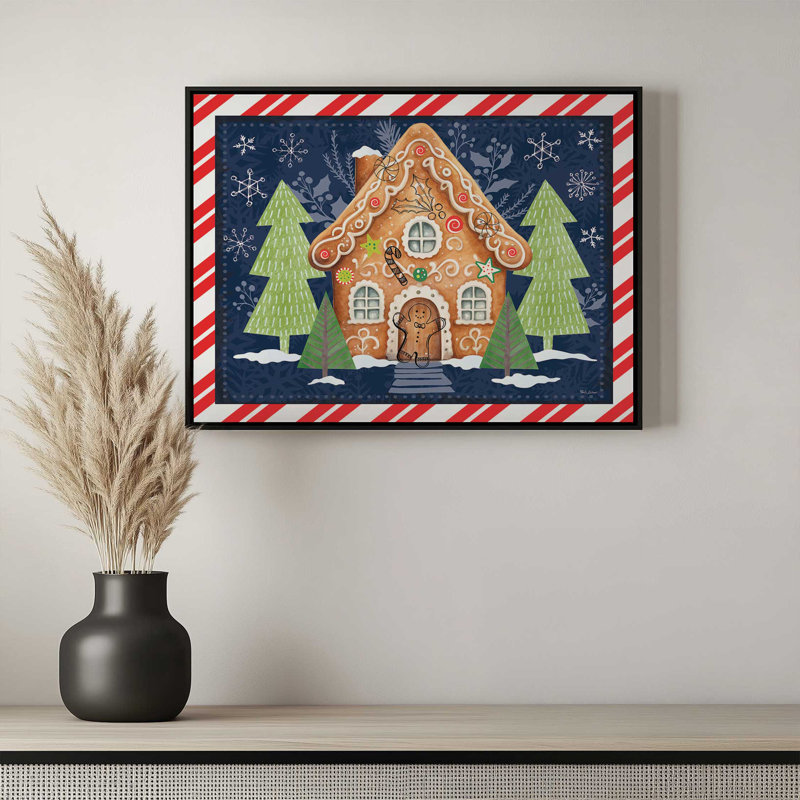 «Gingerbread House» par Nicole DeCamp, reproduction d'art, L 48 x H 36, Blanc, Toile avec cadre