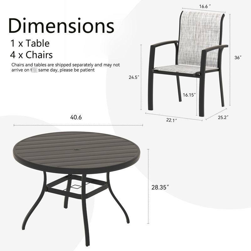 Ensemble de patio 5 pièces comprenant 4 chaises de salle à manger empilables et une table ronde de 103 cm (40,6 po), structure résistante aux intempéries, confortable, trou pour parasol de 4 cm x 4,8 cm (1,57 po x 1,9 po), idéal pour les terrasses de piscine. Composition : métal. Ajustable.