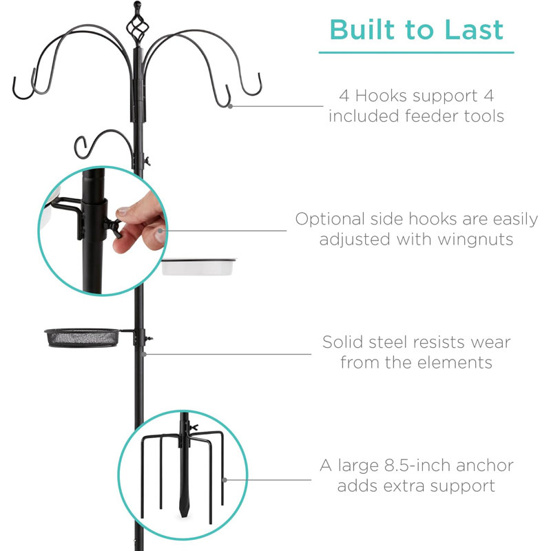 Black 6-Hook Metal and Plastic Bird Feeding Station with Suet Cage