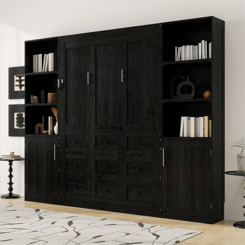 Lit escamotable en bois avec étagères et placards de rangement, cadre de lit pour chambre à coucher, Bois