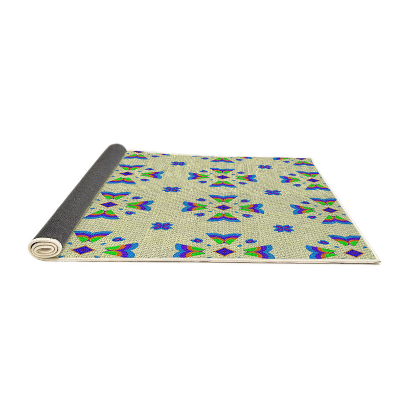 Tapis bleu / vert / orange tissé à la machine, Rond 4 pi
