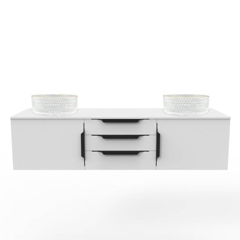Wildsee 60" Floating Single Bathroom White Vanity Set With Silver Tempered Glass Vessel Sink, White, Clear/Gold Rim