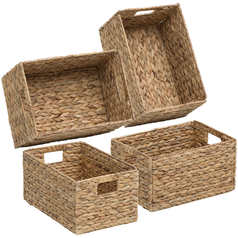 9" W x 13.25" D Rectangular Natural Water Hyacinth Hand Woven Rattan Wicker Storage Basket Set with Iron Wire Frame (Set of 4)