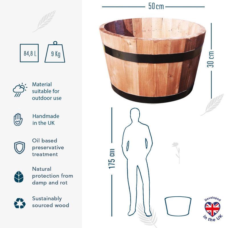 Handmade Wood Barrel Planter, 30cm H x 50cm W x 50cm D