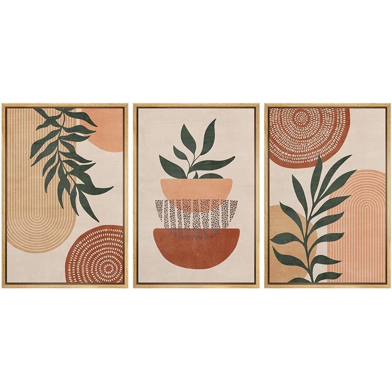 Mid Century Modern Boho Geometric Polygon Palm Leaf - 3 Piece Floater Frame Graphic Art Set on Canvas