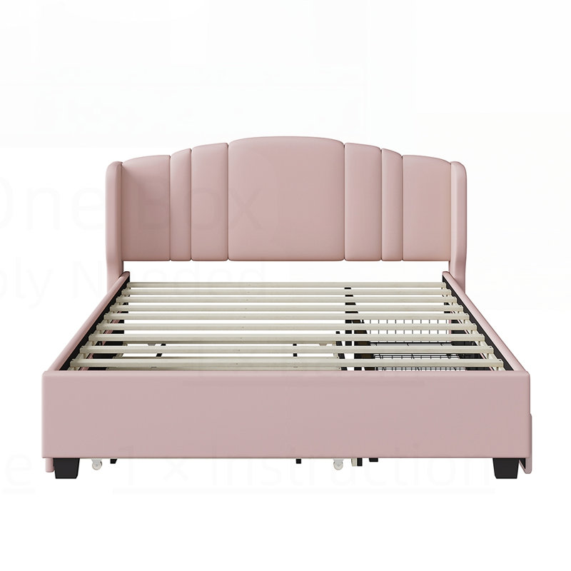 Lit plateforme tapissier avec tête de lit à oreilles, lit gigogne et 2 tiroirs, aucun sommier nécessaire, tissu en lin, Pink