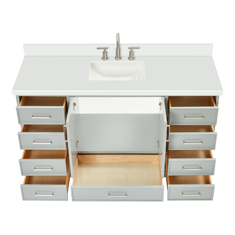 61'' Single Bathroom Vanity with White Quartz Top, Gray, 61"