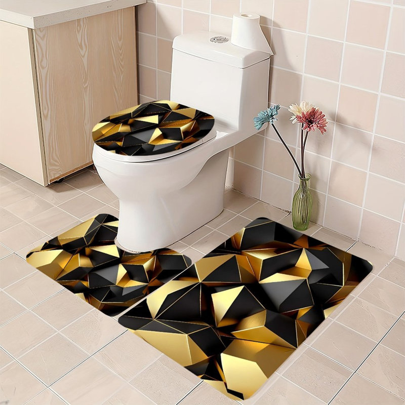 Ensemble de 3 tapis de salle de bain à motif géométrique noir pour espace de travail moderne, Black Geometric Pattern