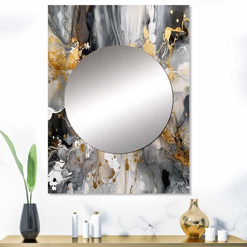 Javuneesha gris doré délicat abstrait coups de pinceau IV - grand miroir mural en marbre, miroir décoratif moderne, art imprimé en métal