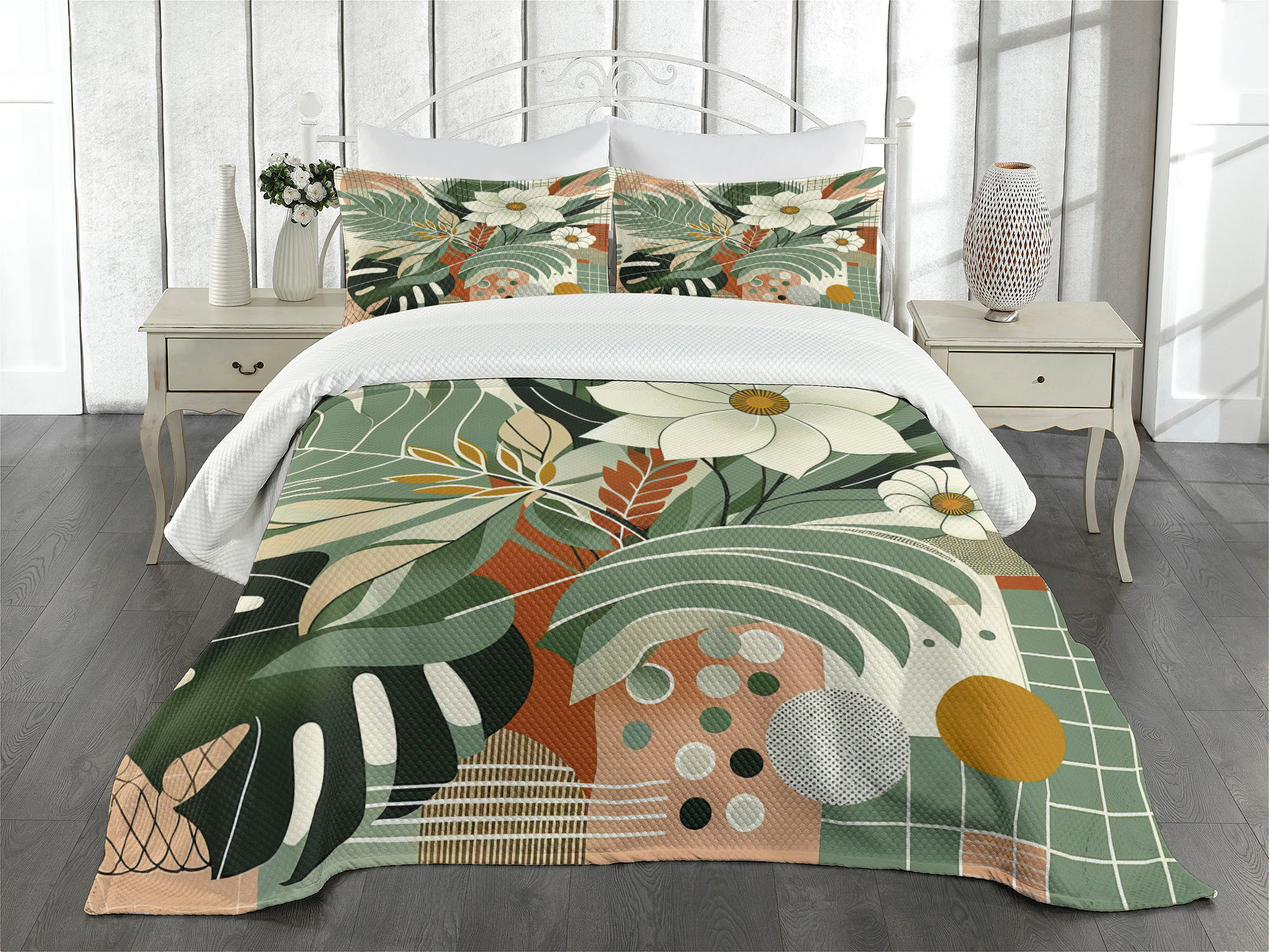Ambesonne Mid Century Modern Bedspread Set 3 Pcs Leafy Huddle Art ...