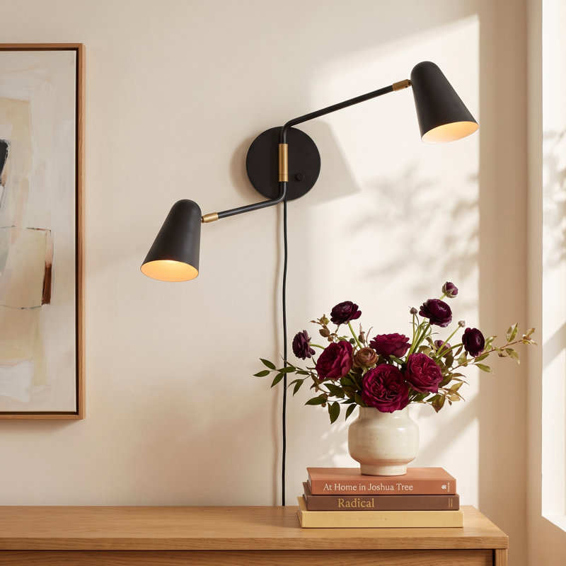 Macie Large Adjustable Swing Arm Two Light Wall Sconce, Black, Black/Lacquered Brass