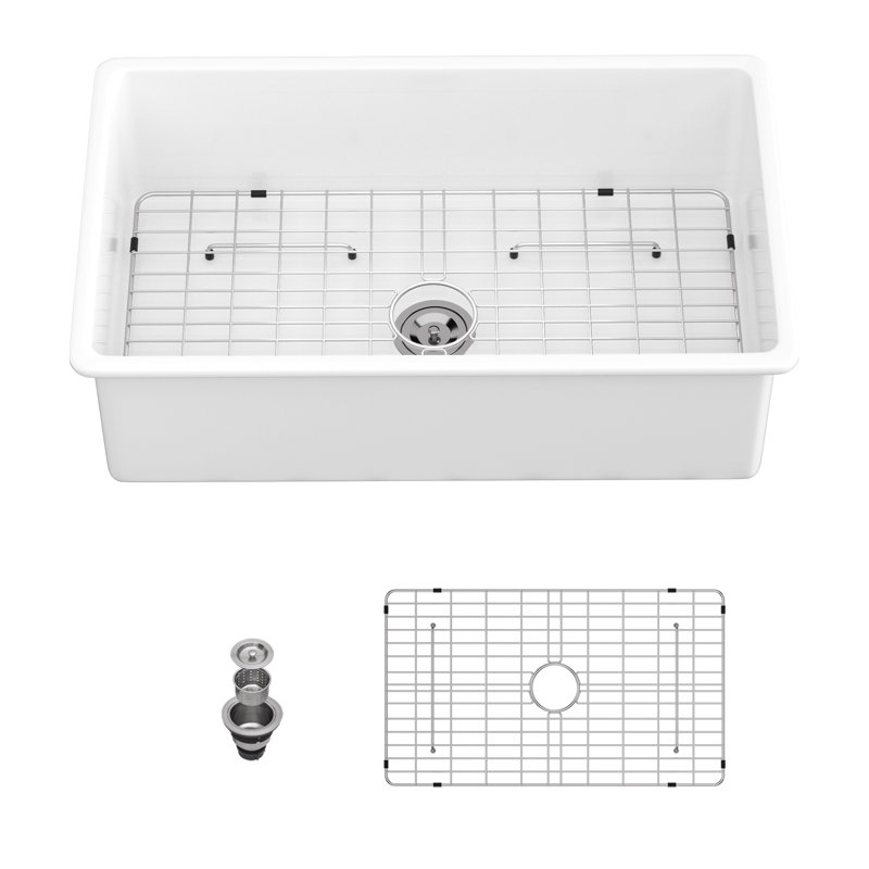 32" Undermount Ceramic Kitchen Sink - Dual Mount White Ceramic Rectangular Deep Sink Basin