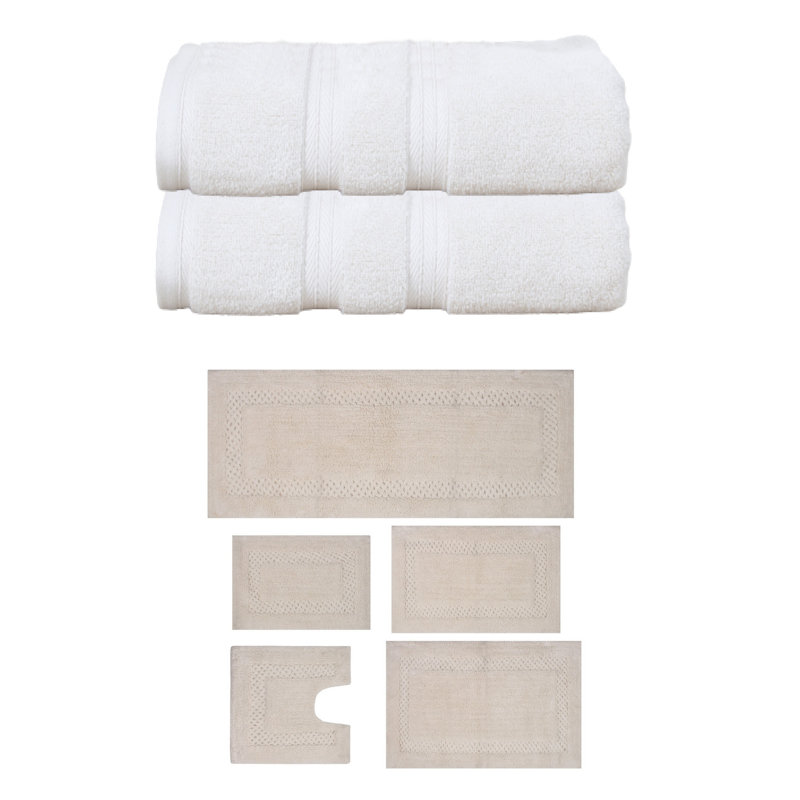 Bublitz Classy Bath Mat 100% Soft Cotton Bath Towel Set & Bath Rug Combo, 7 Piece Towel Set, Ivory