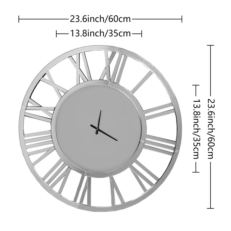 Acrylic Glass Mirrored Wall Clock Glass Silver Accent Clock, 59cm H x 59cm W x 3.4cm D