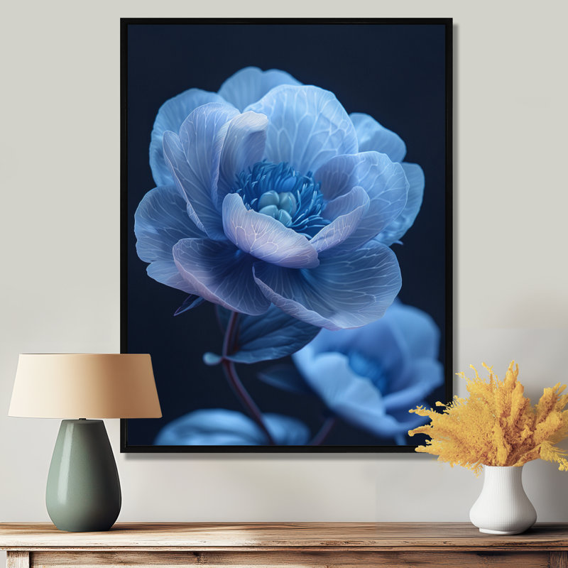Bleu, noir, pivoines, nocturne, Nirvana I - pivoines, art mural, salon, Cadre noir, H 16 po x l 32 po