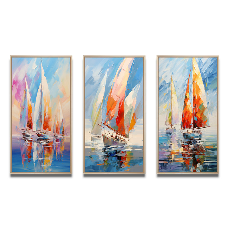 "Voiliers abstraits" - 3 pièces sur toile, Cadre naturel flottant, H 20 po x l 36 po