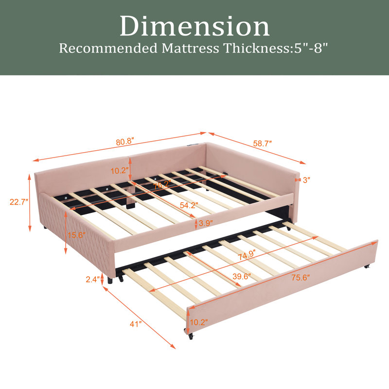Lit de jour rembourré avec lit gigogne, structure de lit en bois robuste, conception de grille de diamant moderne, pour chambre à coucher, chambre d'amis