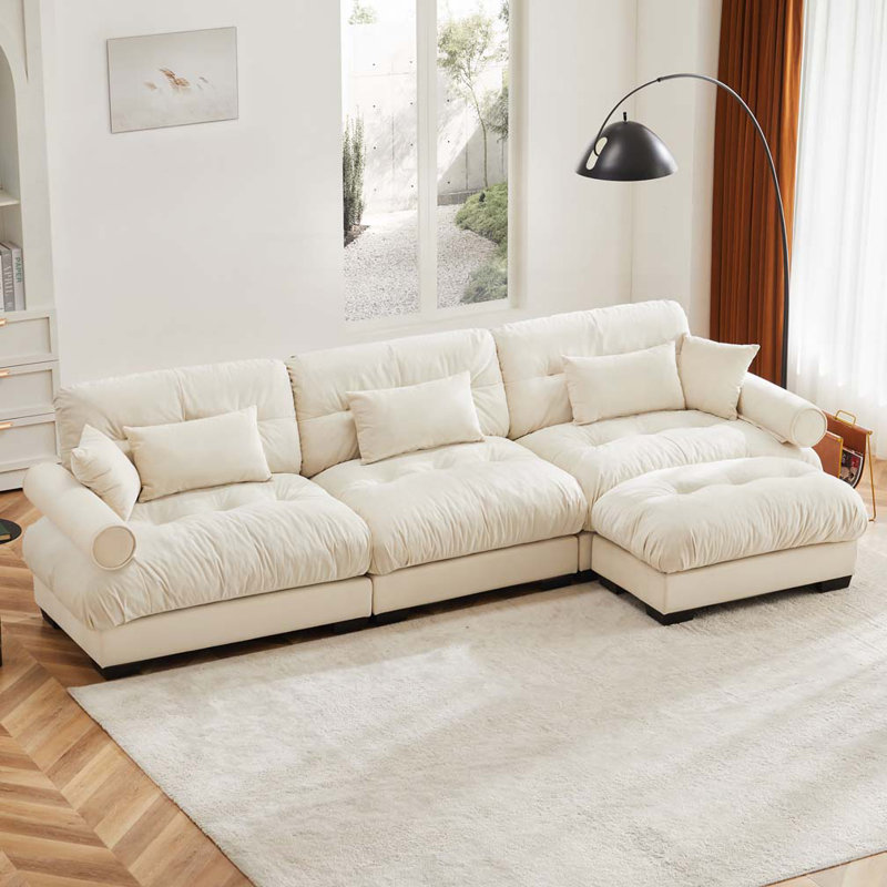 Canapé en velours 3 places avec repose-pieds, Crème, crème