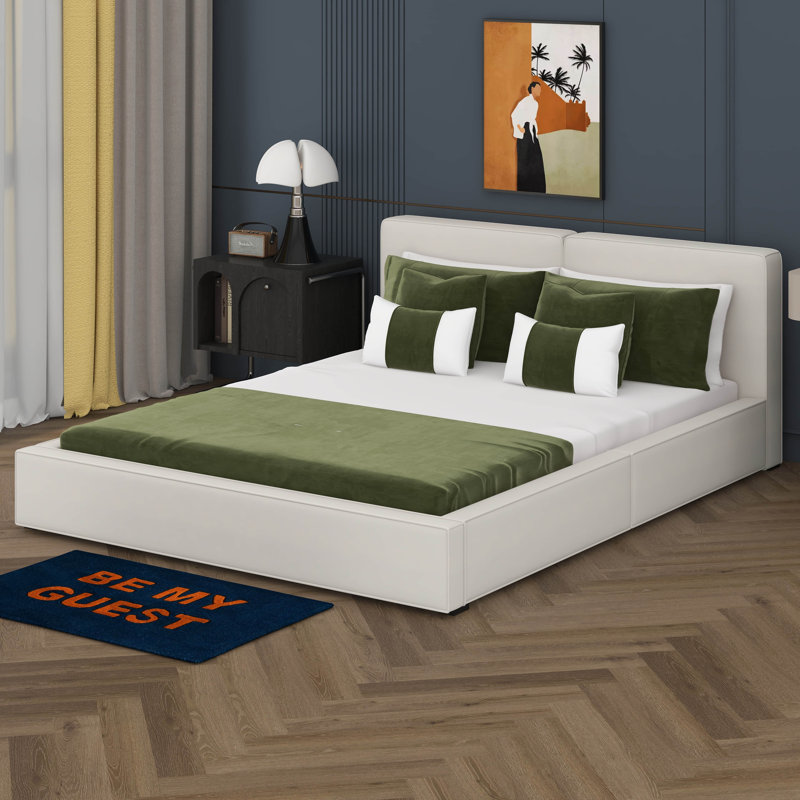 Grand lit plateforme tapissier avec structure solide, Beige