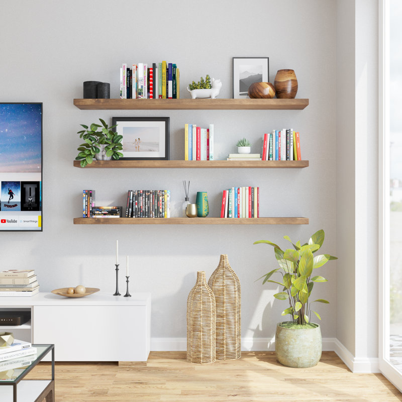 Bibliothèque flottante de 60 pouces de long avec support invisible, bibliothèque pour mur, tablette à support caché, décor bohème, bois, 1 pièce