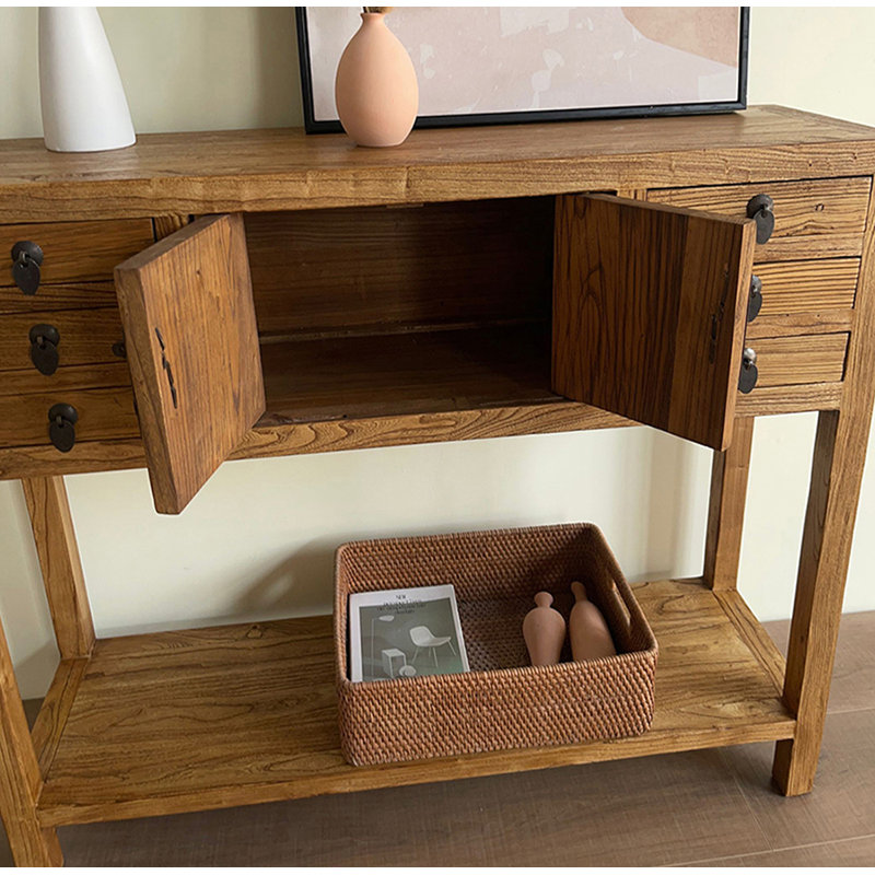 Rustic Solid Wood Console Table with 6 Drawers & Cabinet Storage