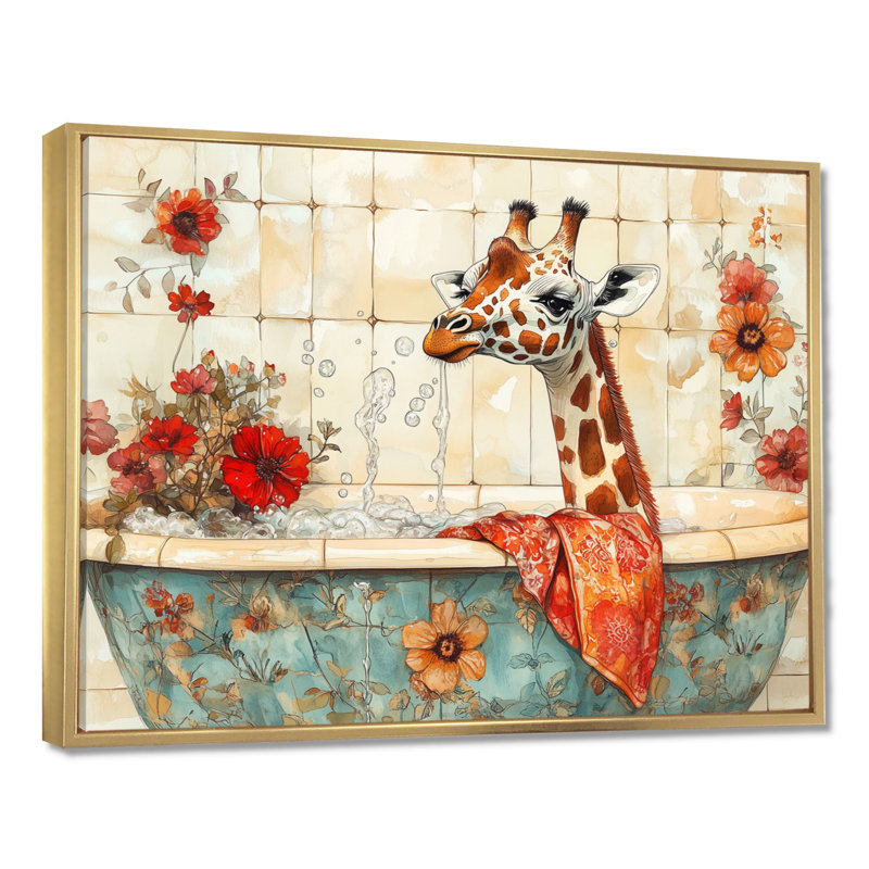 Baignoire Scarlet Bloom - Tableau encadré Girafe sur toile, H 12 po x l 20 po, Cadre flottant doré