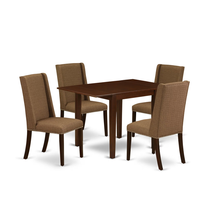 L'ensemble de table de salle à manger 5 pièces comprend une table de salle à manger rectangulaire avec Dropleaf et 4 chaises rembourrées en tissu de lin brun, acajou