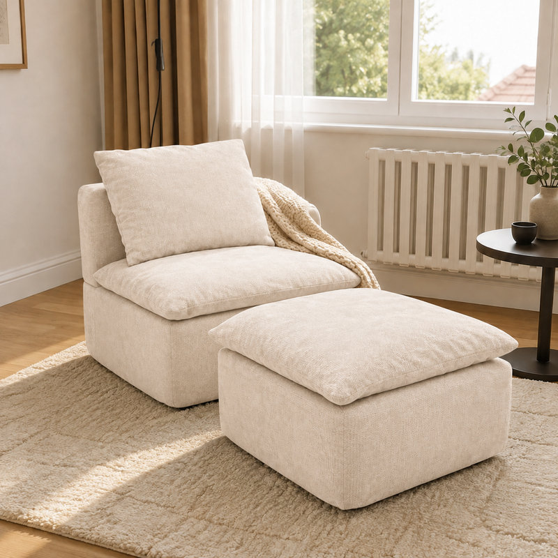 Ensemble fauteuil d'appoint et repose-pieds compressés, fauteuil moderne à assise profonde avec ressorts ensachés et coussin assorti, crème