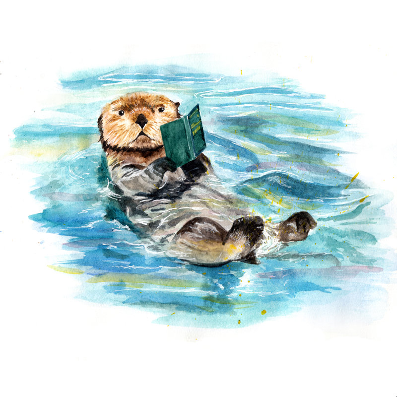 Loutre en lecture - peinture sur toile tendue, H 12 po x l 12 po, Oui, Cadre simple érable érable