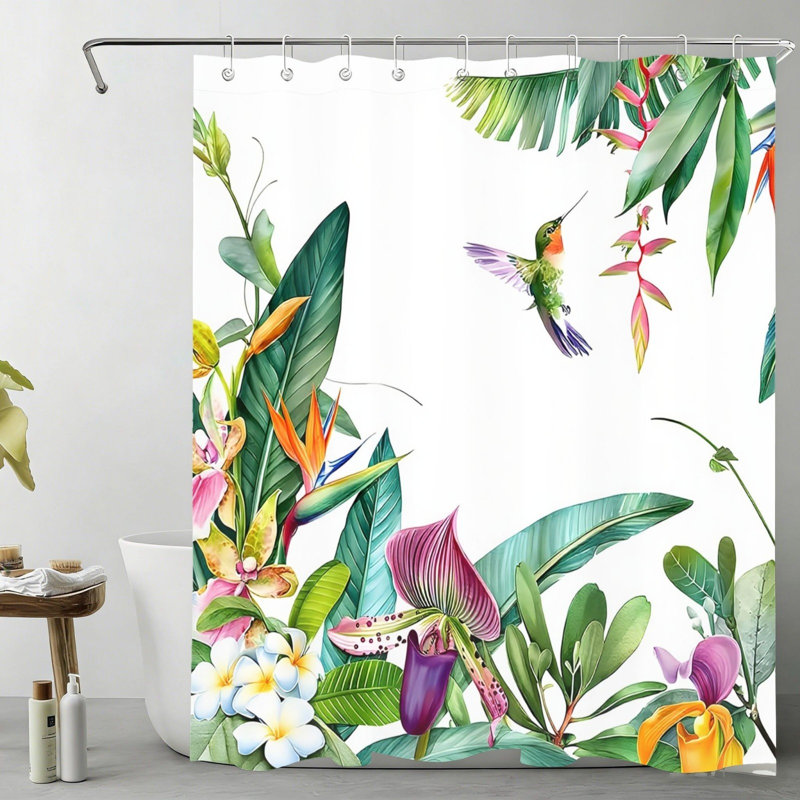 Rideau de douche tropical vert à motif floral colibri 72 x 72 po