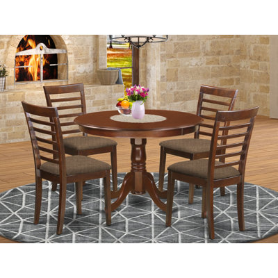 5 Piece Dining Table Set for 4 Includes a Round Kitchen Table with Pedestal and 4 Linen Fabric Dining Room Chairs, Mahogany
