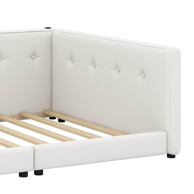 Grand lit plateforme tapissier avec port USB, Beige, Grand lit