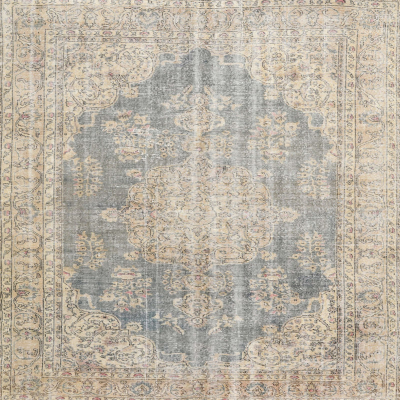 Tapis crème/gris/rouge traditionnel, Rond 5 pi