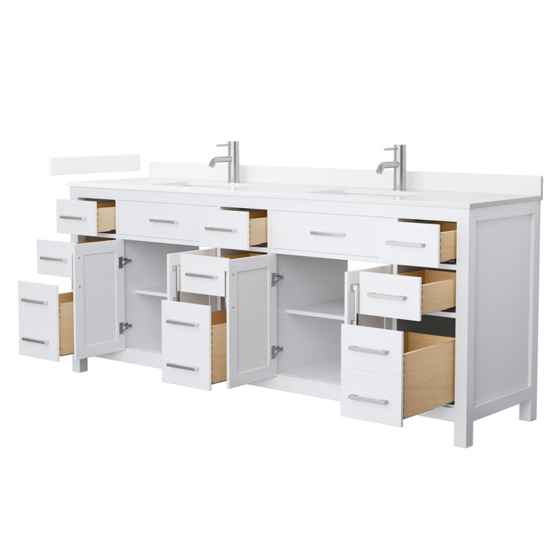 Beckett 84" Freestanding Double Bathroom Vanity with Quartz Top, White, Brushed Nickel, White Quartz
