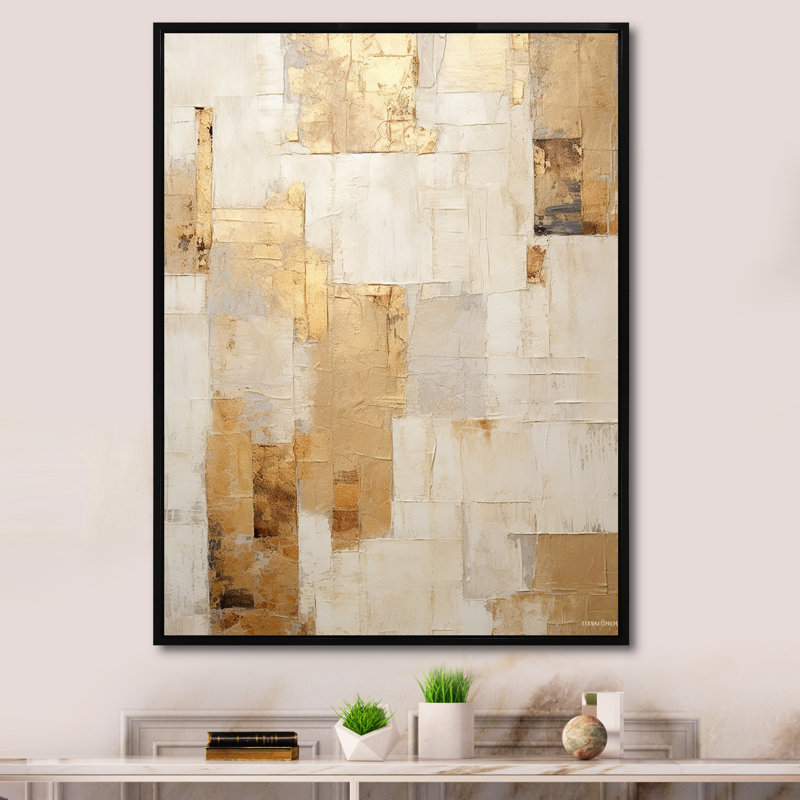 «Beige And Gold Dream Collage I», formes abstraites, art mural, Cadre flottant doré, H 32 po x l 24 po, Noir