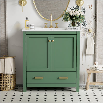 30 Inch Green Bathroom Vanity with Single Sink, Combination Under Counter Sink, Bathroom Storage Cabinet with 2 Doors and a Drawer, Soft Closure, Multifunctional Storage, Solid Wood Frame