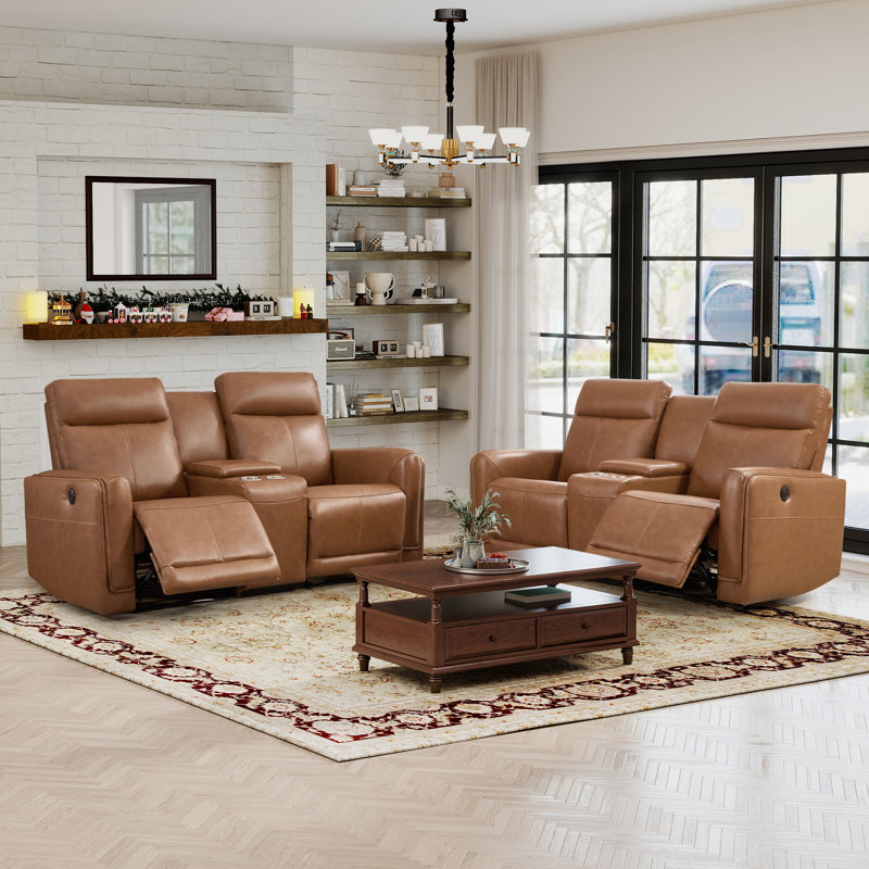 73" W Classic Top-Grain Leather Power Reclining Loveseat With USB & Type-C, Dual Cup Holders & Storage(Set Of 2)