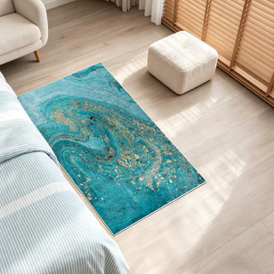 Clear Machine Washable,Marble Abstract Blue Marbling Indoor Area Rug