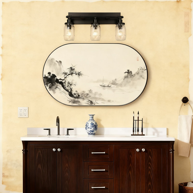 Éclairage pour meuble-lavabo de salle de bain 3 lumières avec abat-jour en verre transparent, applique murale de style campagnard industriel pour miroir de salle de bain, chambre à coucher et couloir, finition noire mate 23 po