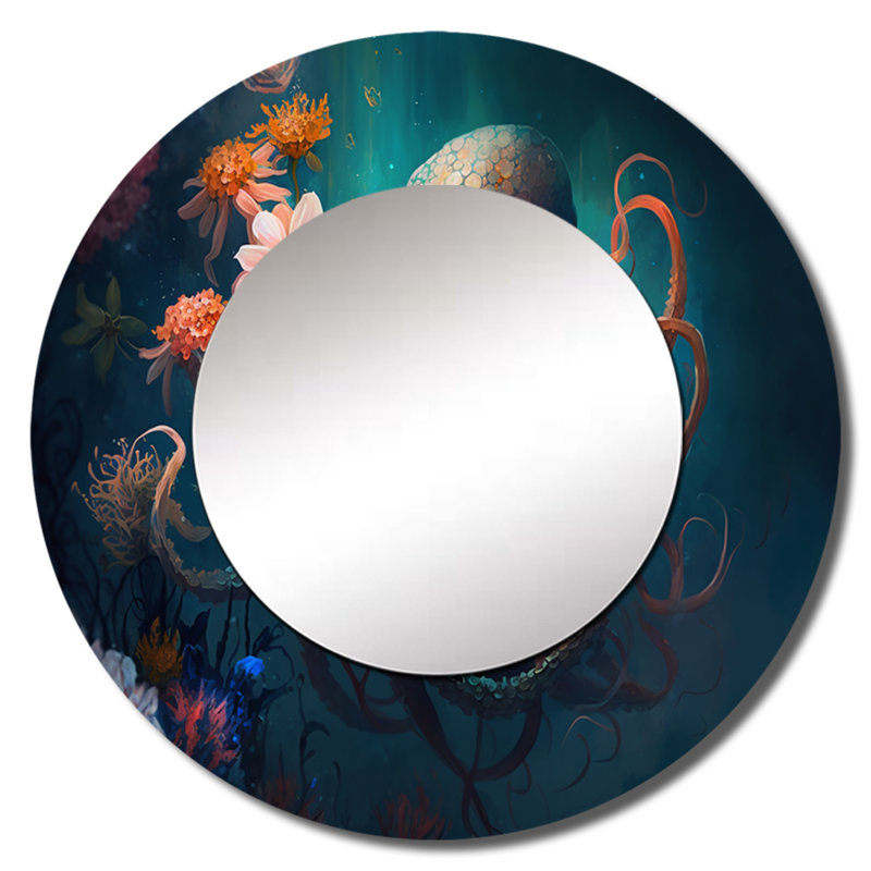 Ragad pieuvre dans l'océan avec fleurs III - miroir décoratif bord de mer, grand miroir mural rond moderne, impression d'art en métal